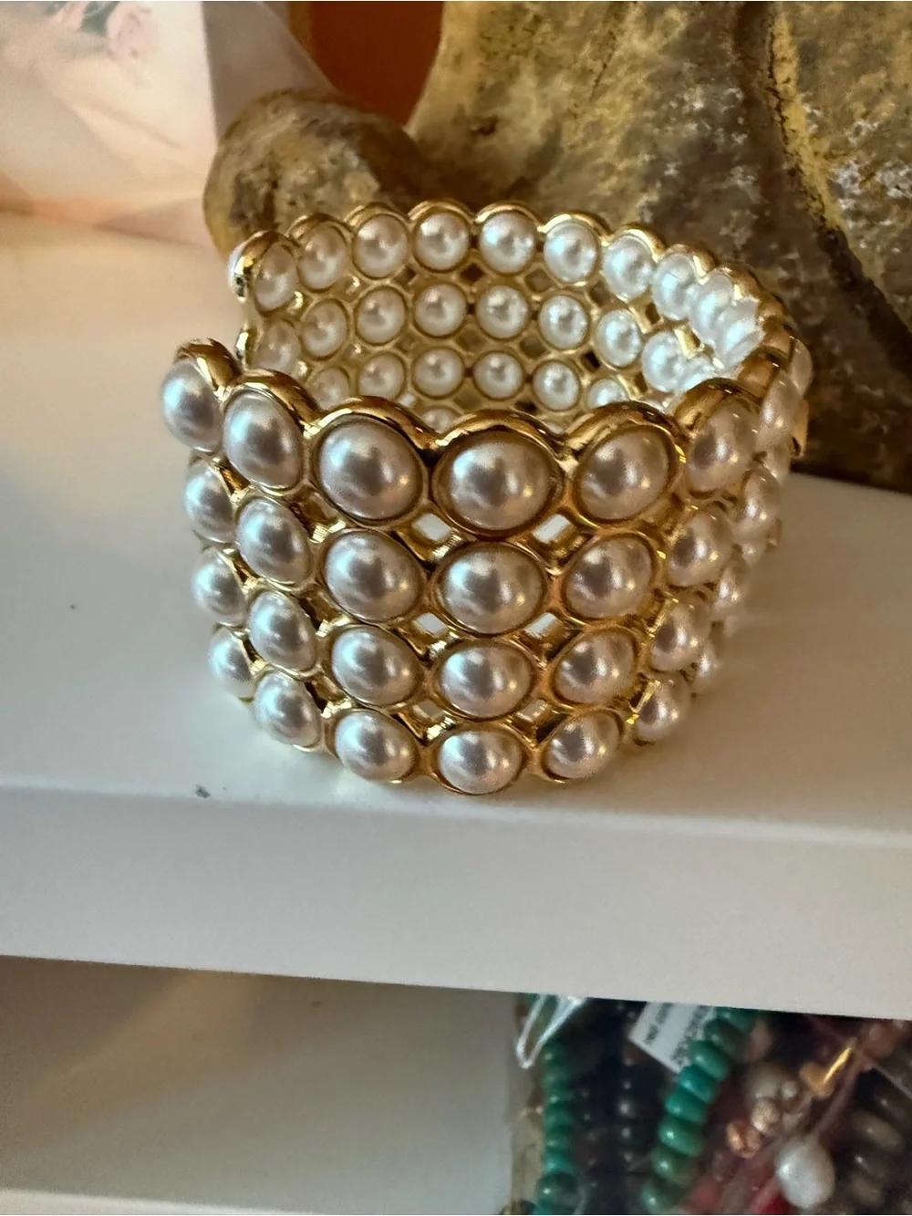 CHANEL Gold-Tone Pearl Multirow Cuff Bracelet